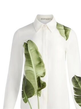 Alice + Olivia White Willa Blouse with Green Leaf Print